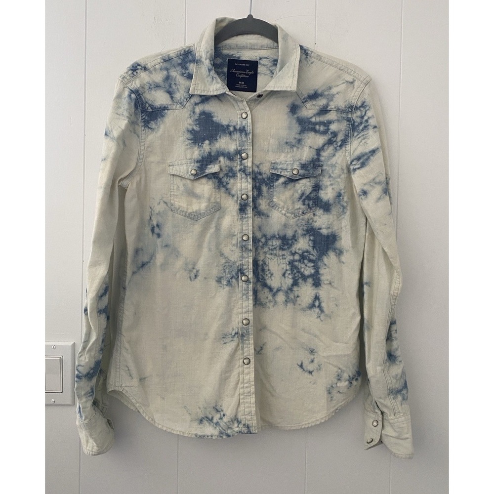 American Eagle Favorite Fit Bleached Denim Shirt Pearl Snap Button‎ Up Sz M